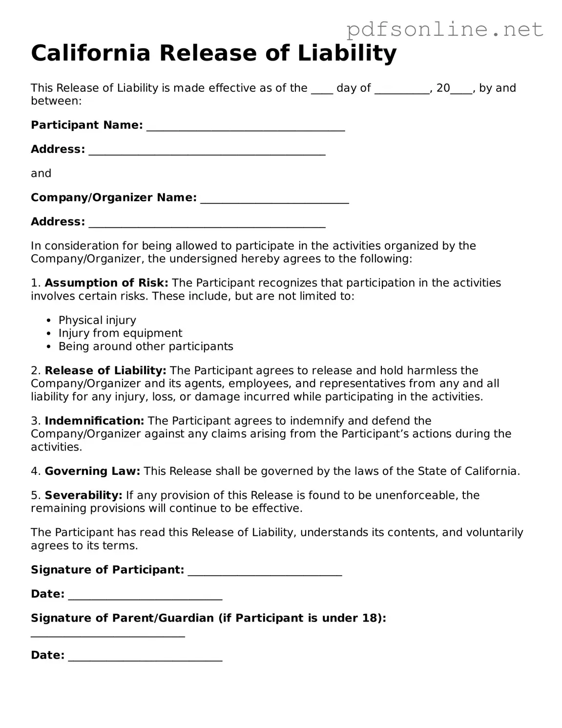 Legal Release of Liability Template for the State of California