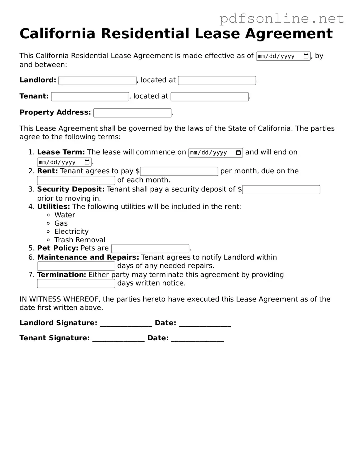 Legal Lease Agreement Template for the State of California