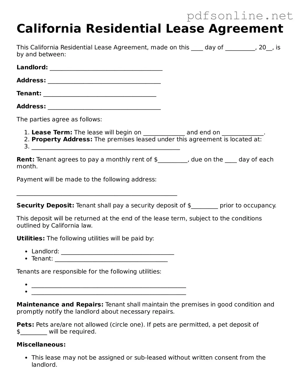 Legal Residential Lease Agreement Template for the State of California