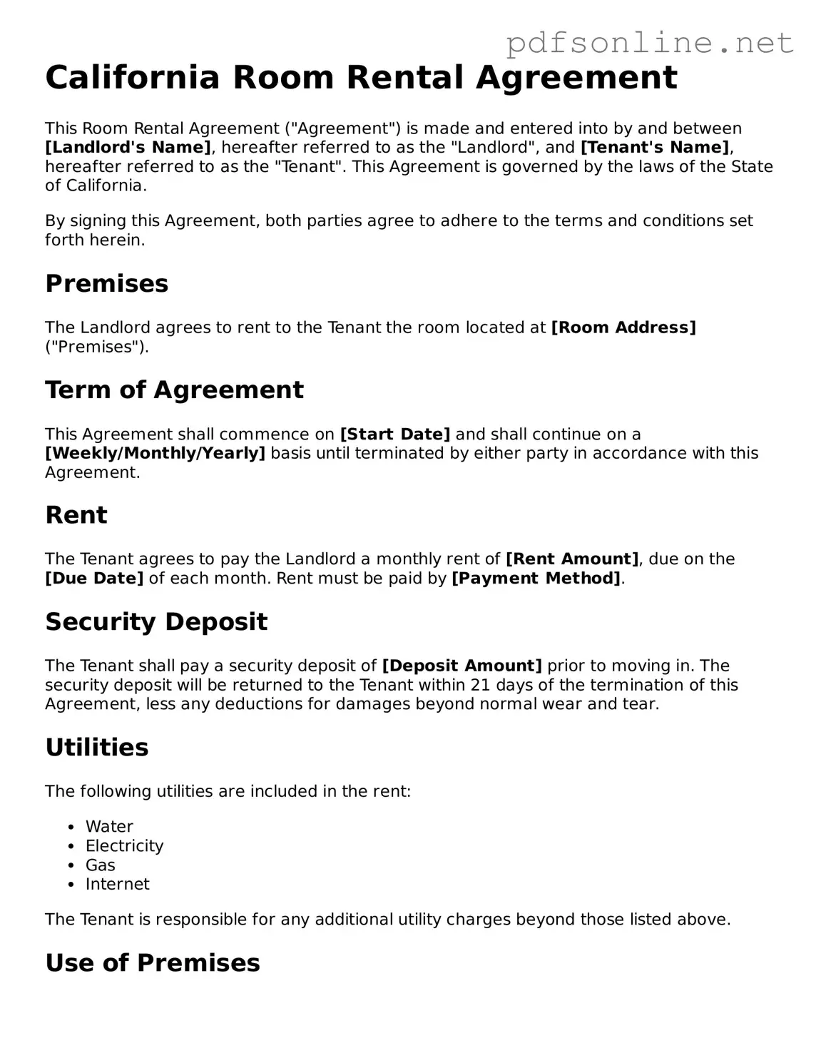 Legal Room Rental Agreement Template for the State of California