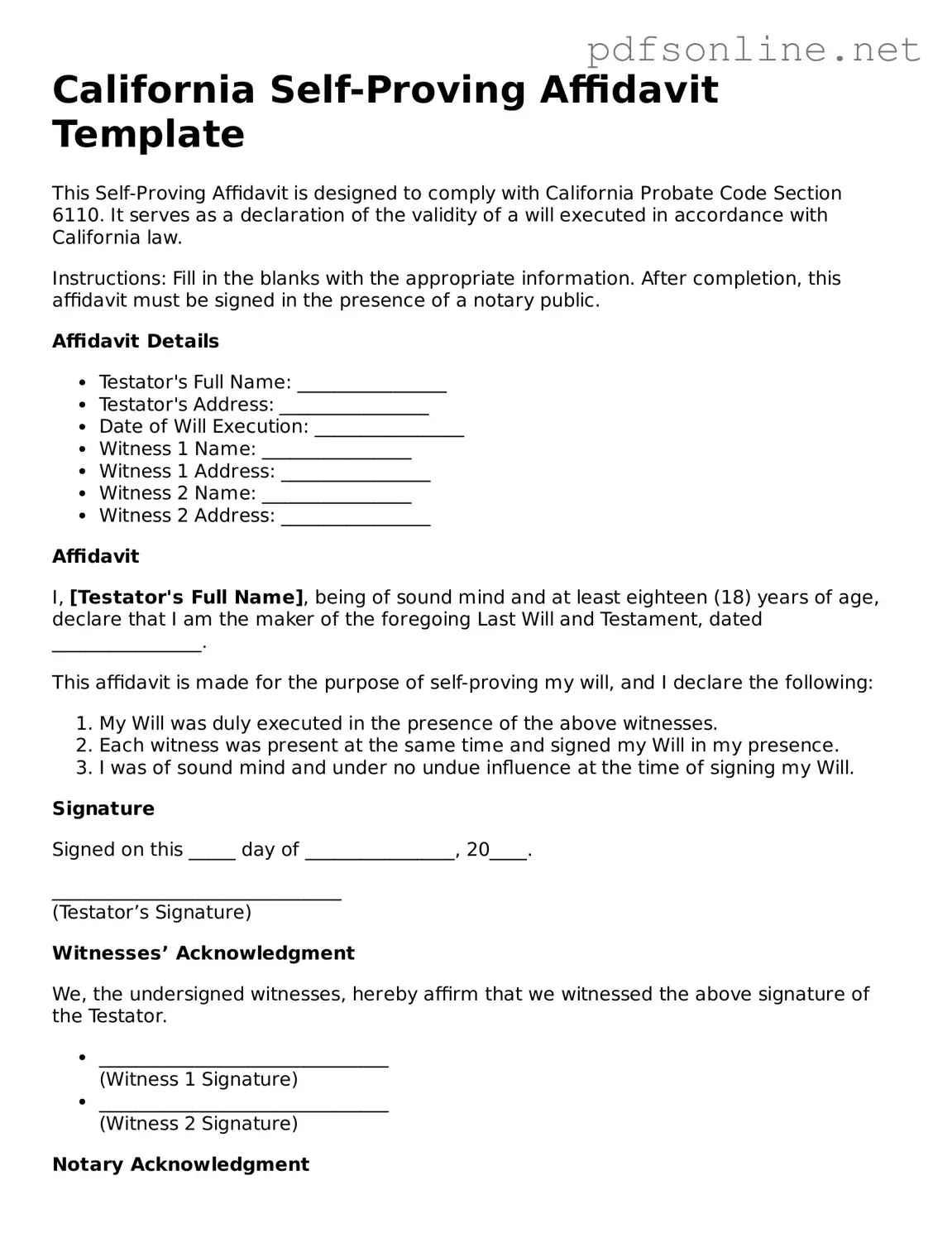 Legal Self-Proving Affidavit Template for the State of California