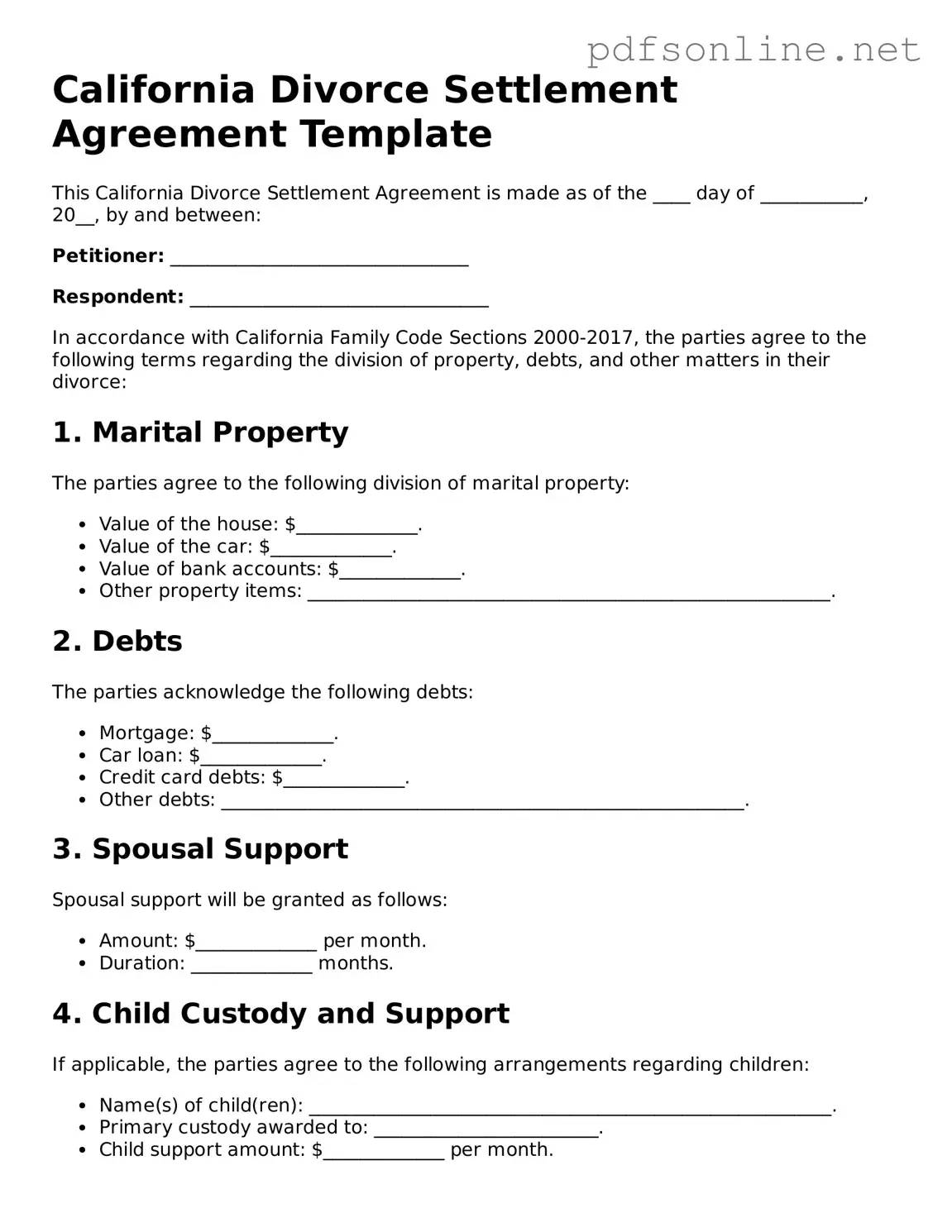 Legal Divorce Settlement Agreement Template for the State of California