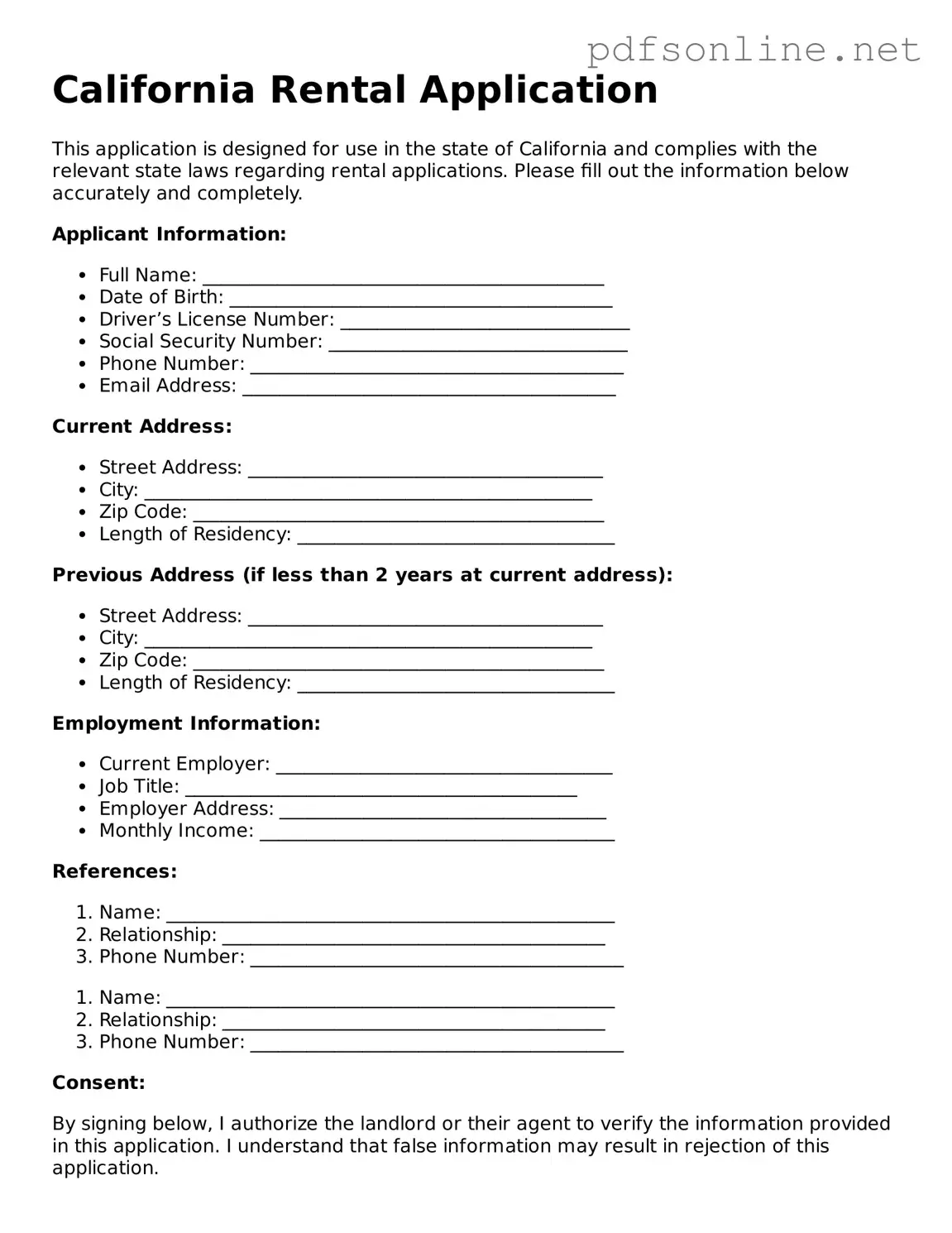 Legal Rental Application Template for the State of California