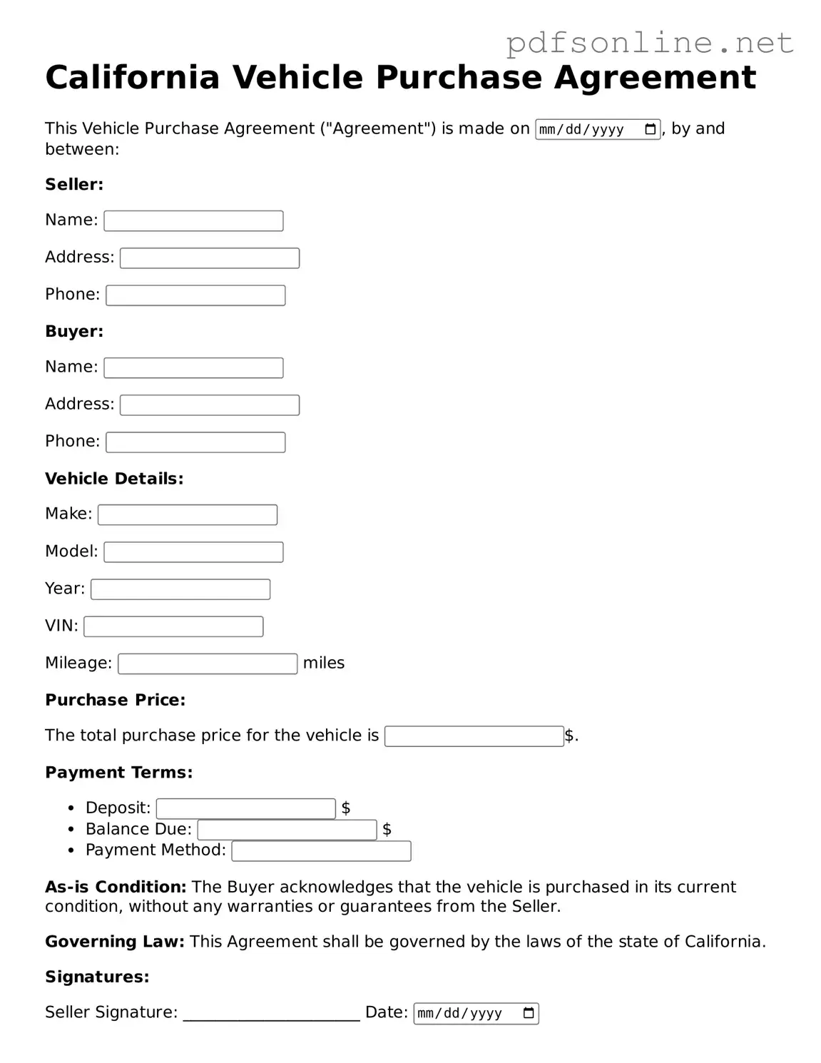 Legal Vehicle Purchase Agreement Template for the State of California