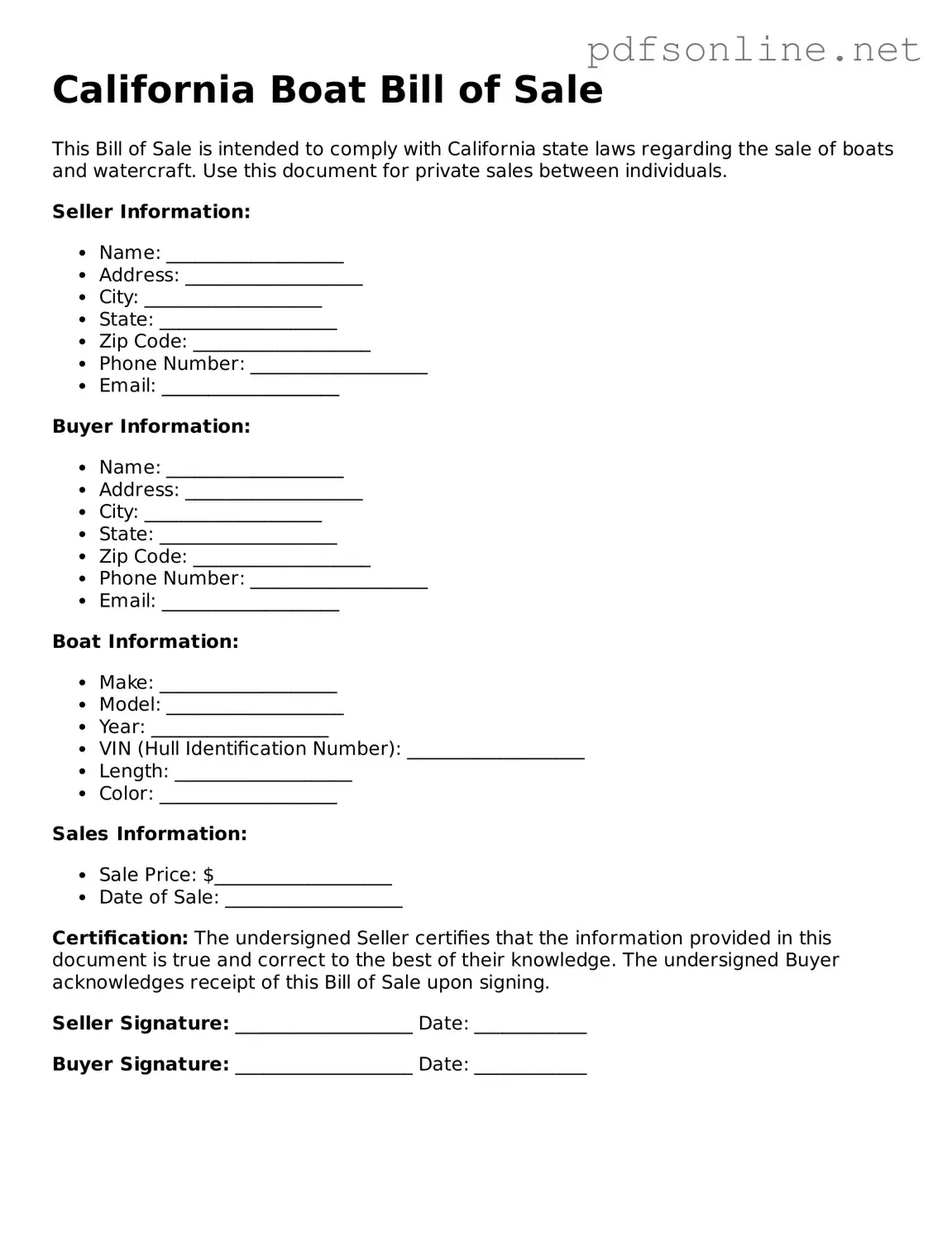 Legal Boat Bill of Sale Template for the State of California