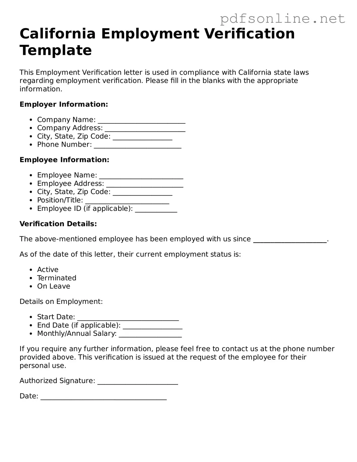 Legal Employment Verification Template for the State of California