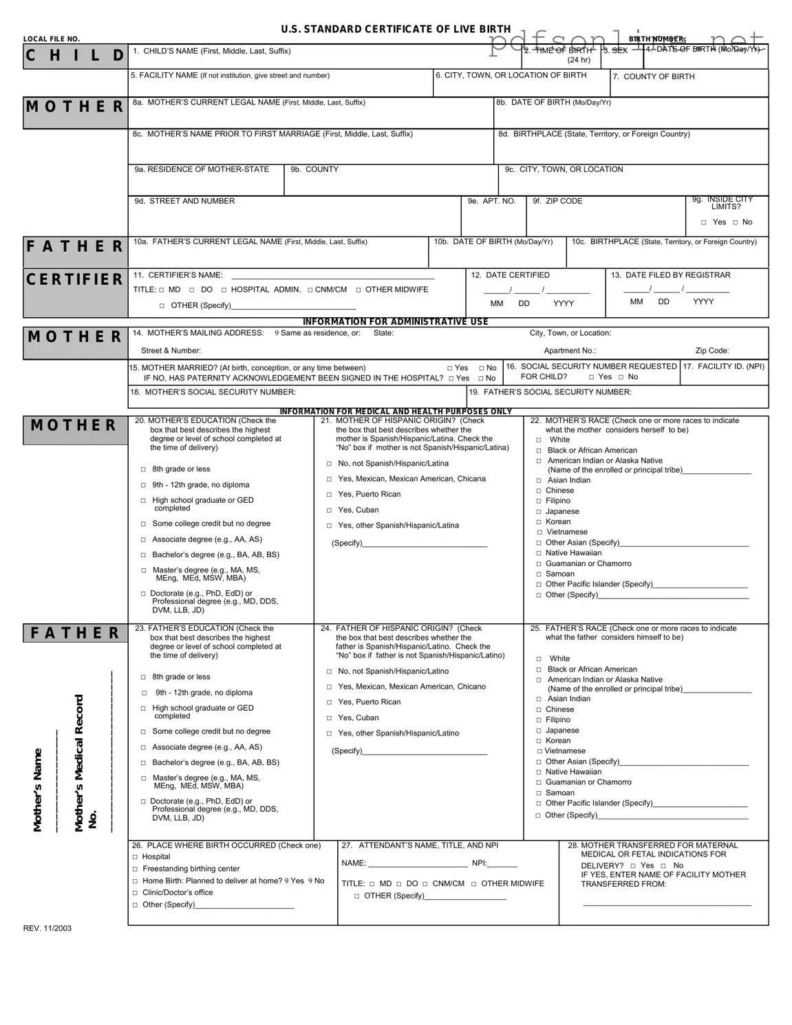 Free CDC U.S. Standard Certificate of Live Birth PDF Form