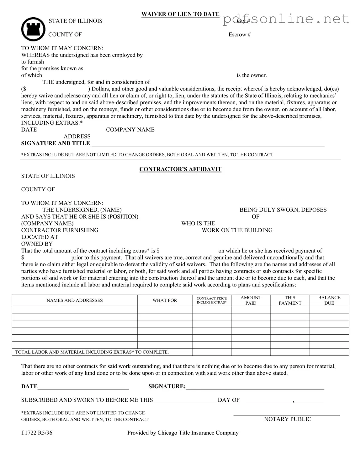 Free Chicago Title Waiver Format PDF Form