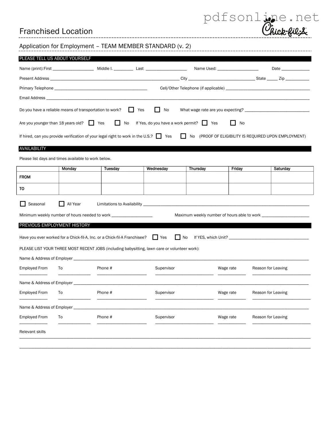 Free Chick Fil A Job Application PDF Form