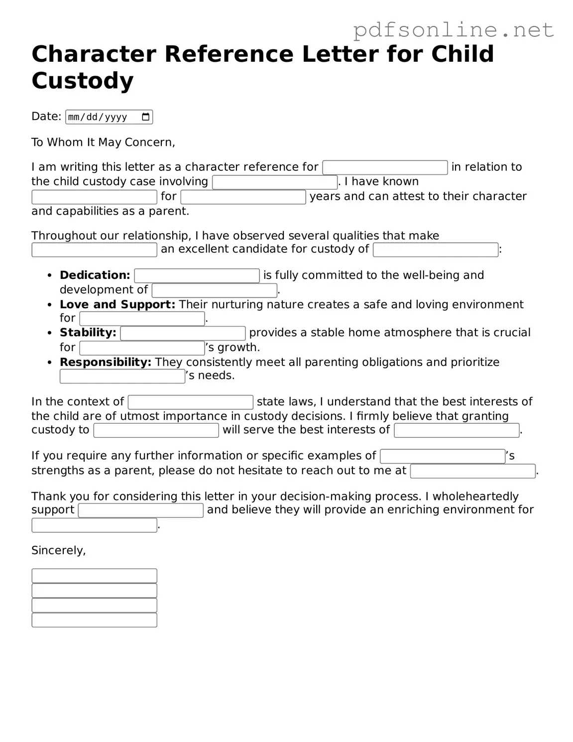Attorney-Approved Character Reference Letter for Child Custody Form