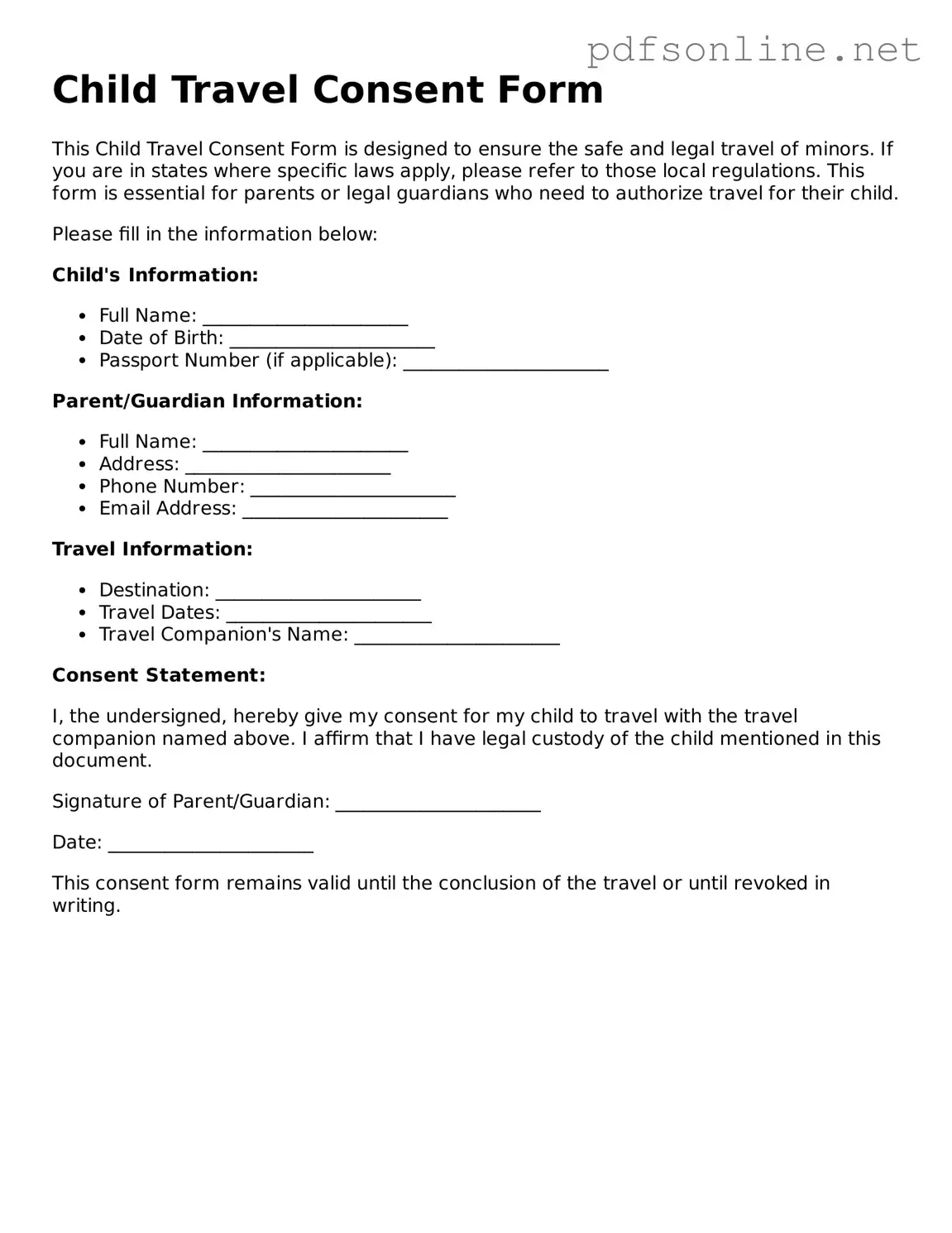 Attorney-Approved Child Travel Consent Form Form