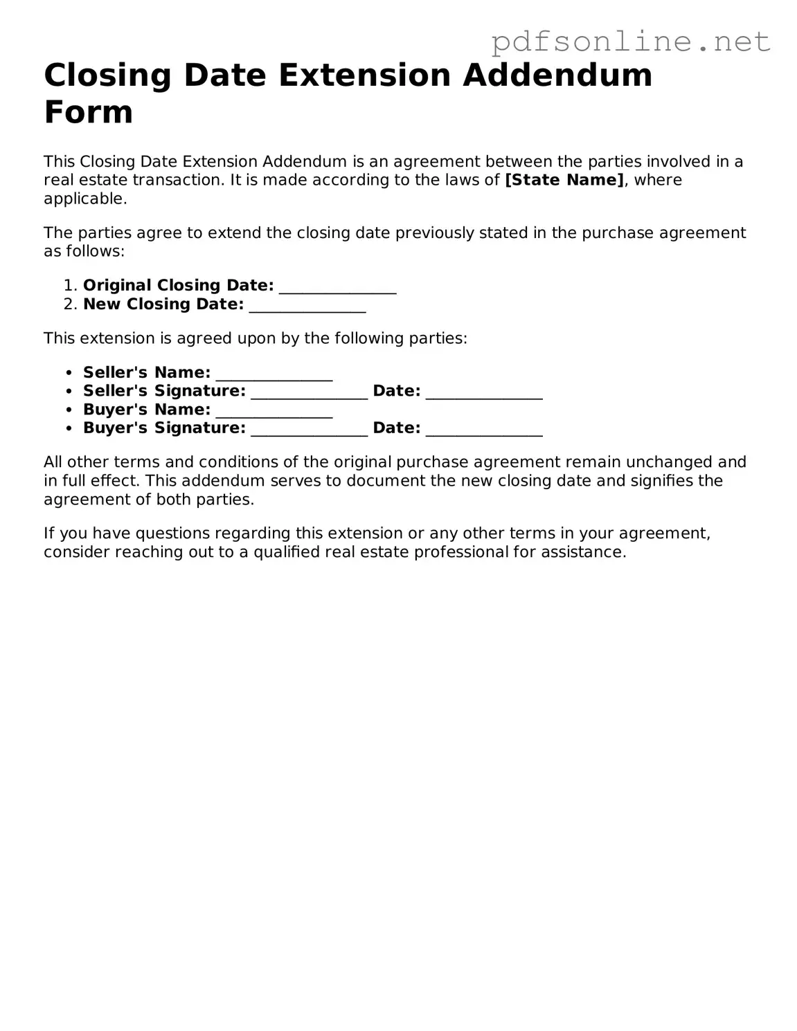 Attorney-Approved Closing Date Extension Addendum Form Form