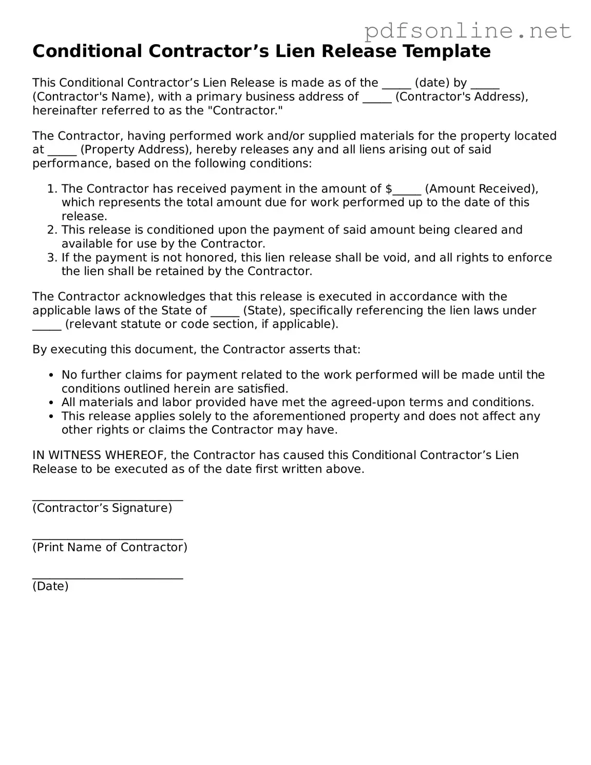 Attorney-Approved Conditional Contractor’s Lien Release Form