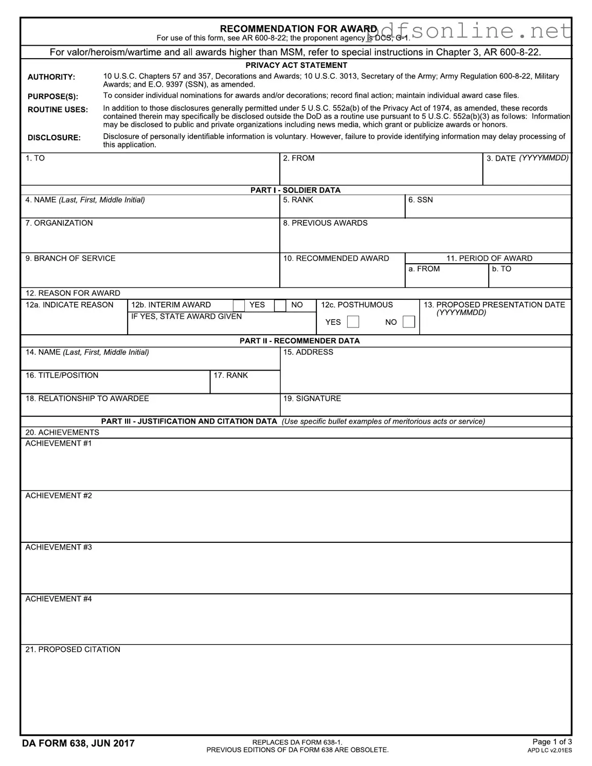 Free Da 638 PDF Form