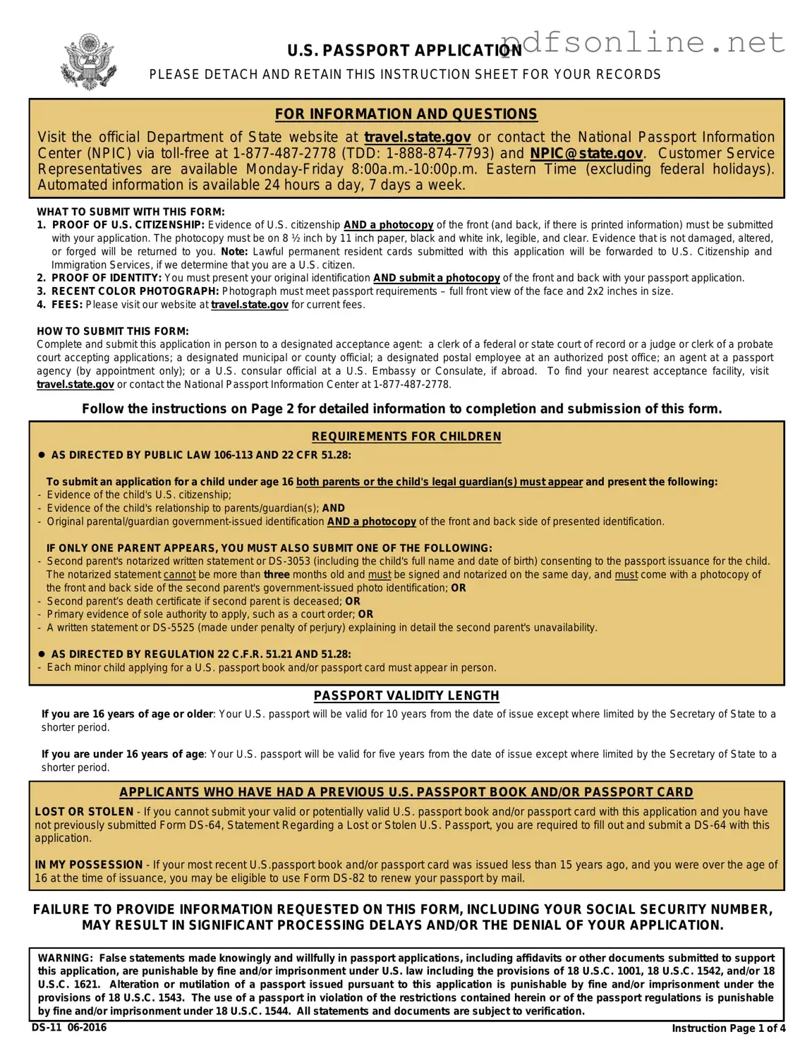 Free DS-11 U.S. Passport application PDF Form