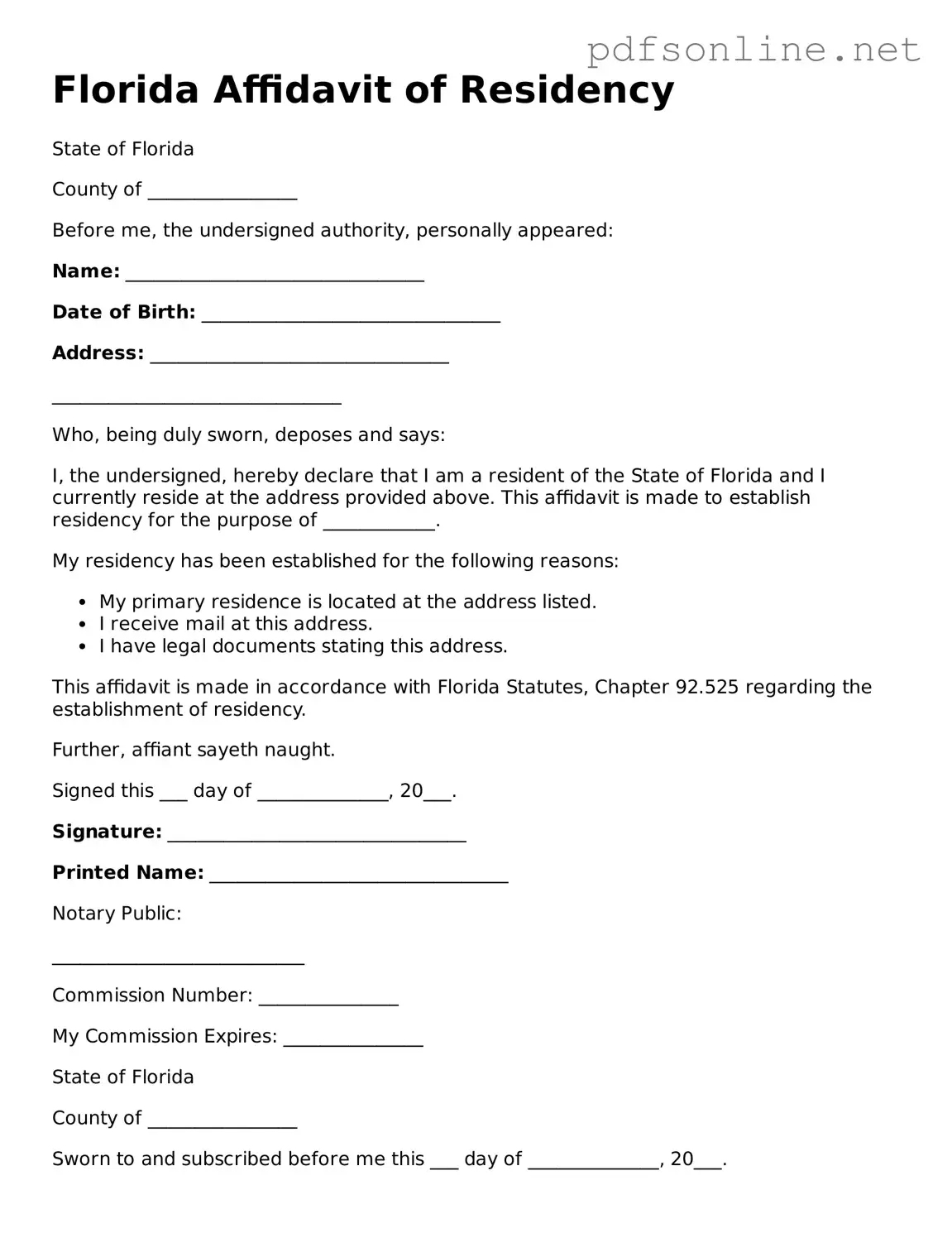 Legal Affidavit of Residency Template for the State of Florida