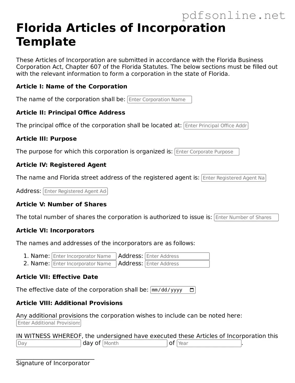 Legal Articles of Incorporation Template for the State of Florida