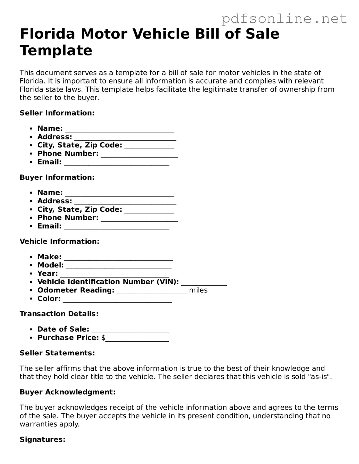 Legal Motor Vehicle Bill of Sale Template for the State of Florida