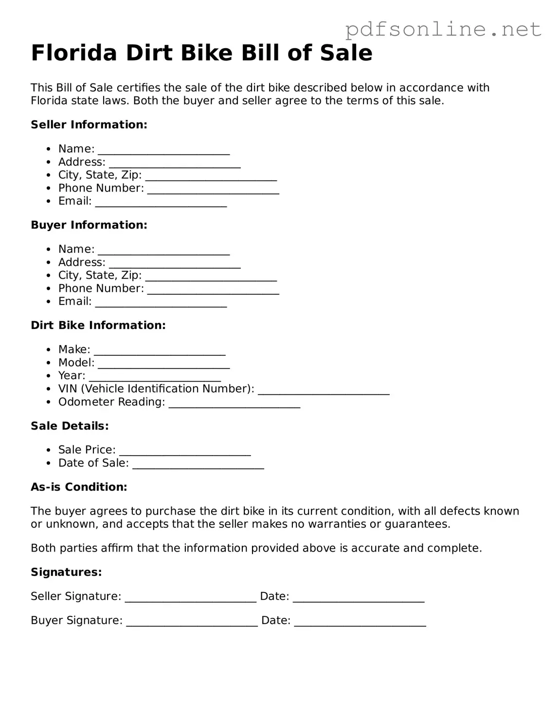 Legal Dirt Bike Bill of Sale Template for the State of Florida