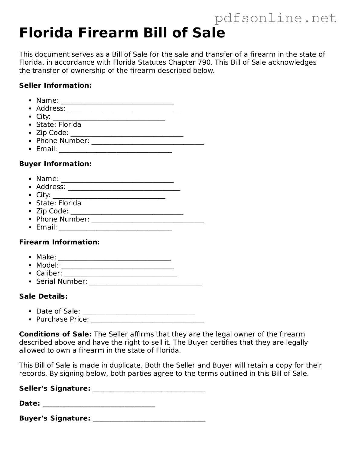 Legal Firearm Bill of Sale Template for the State of Florida