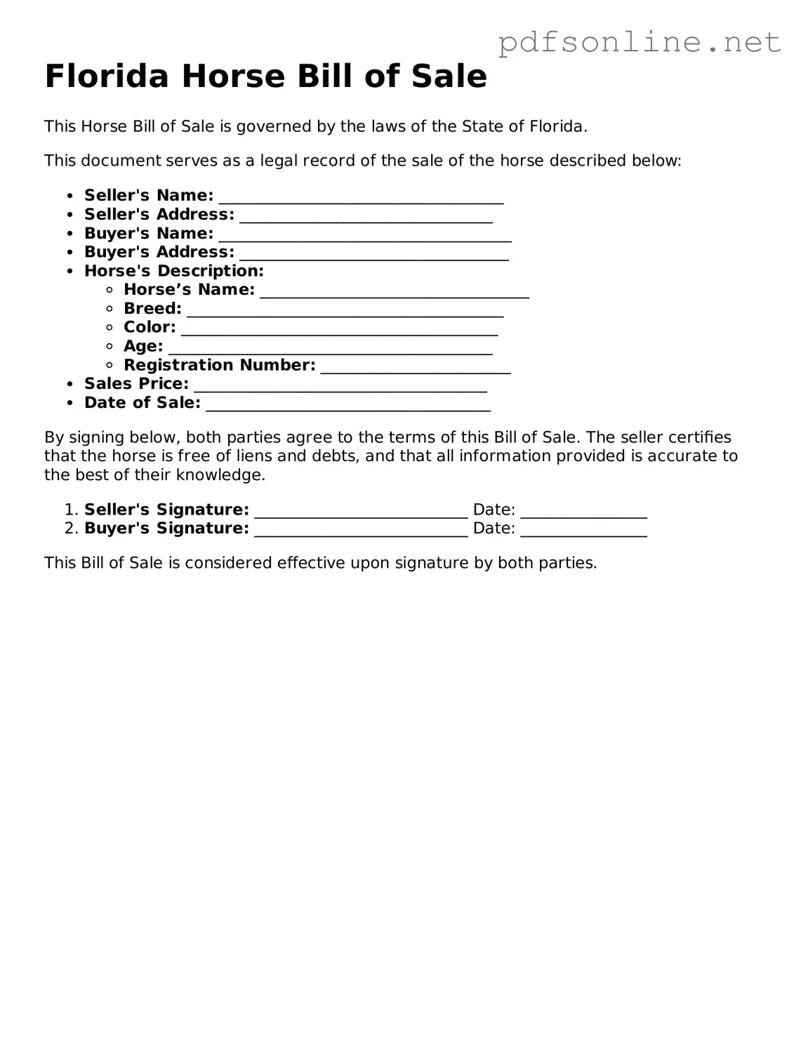 Legal Horse Bill of Sale Template for the State of Florida