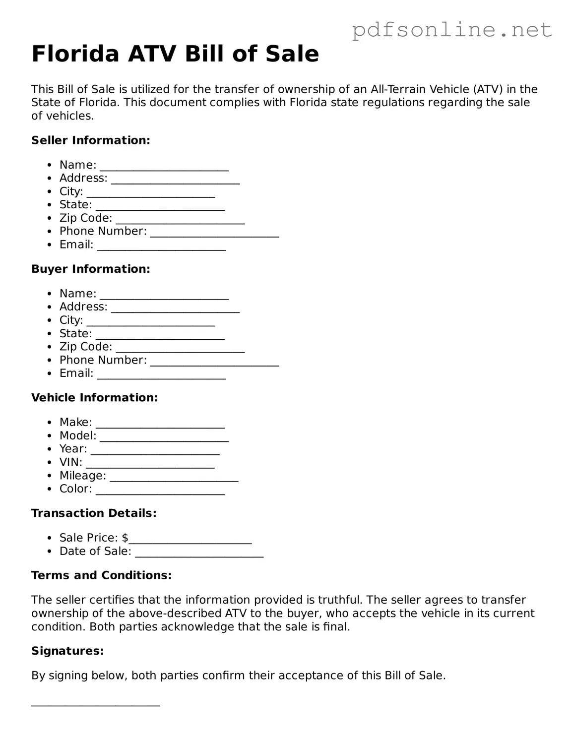 Legal ATV Bill of Sale Template for the State of Florida
