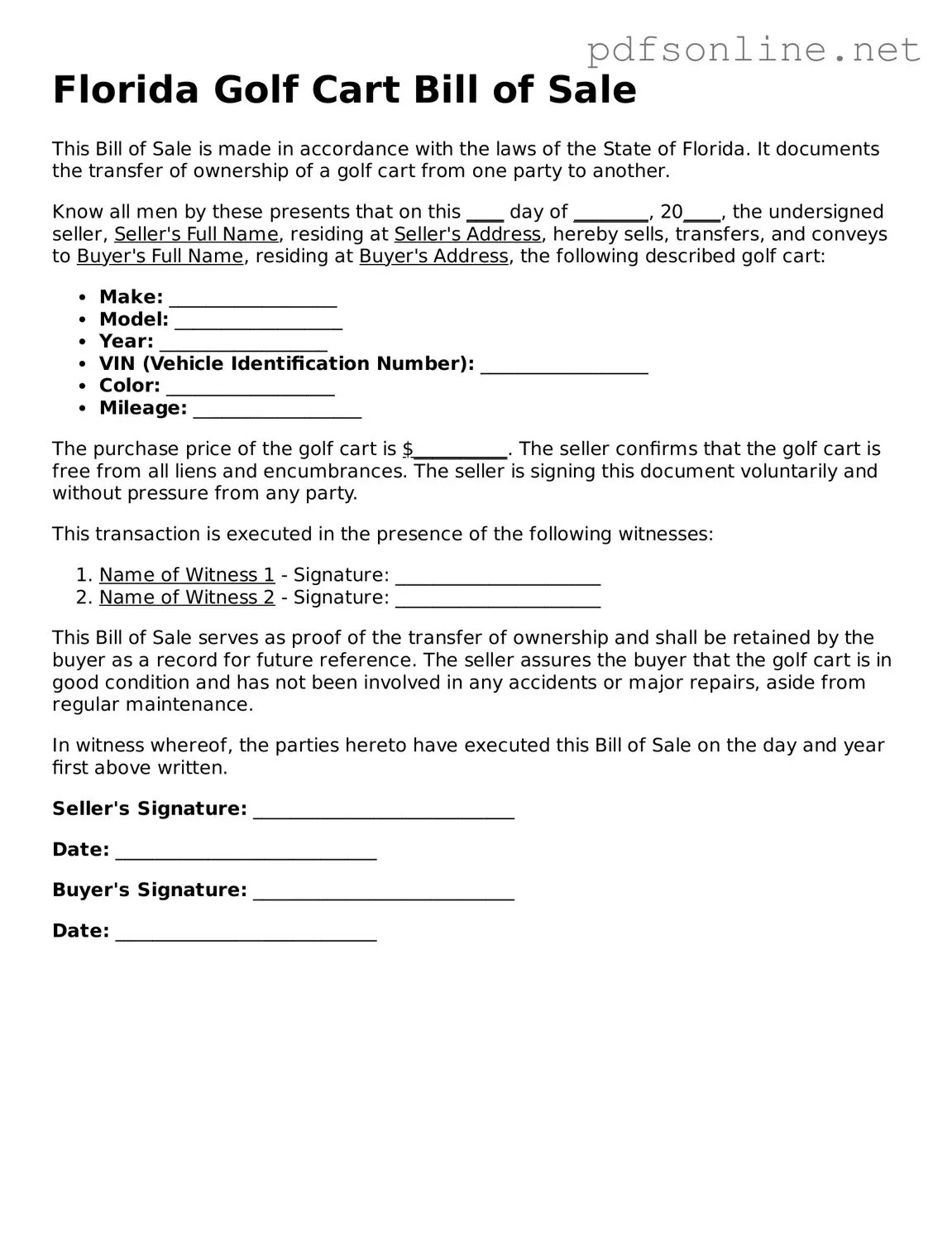 Legal Golf Cart Bill of Sale Template for the State of Florida