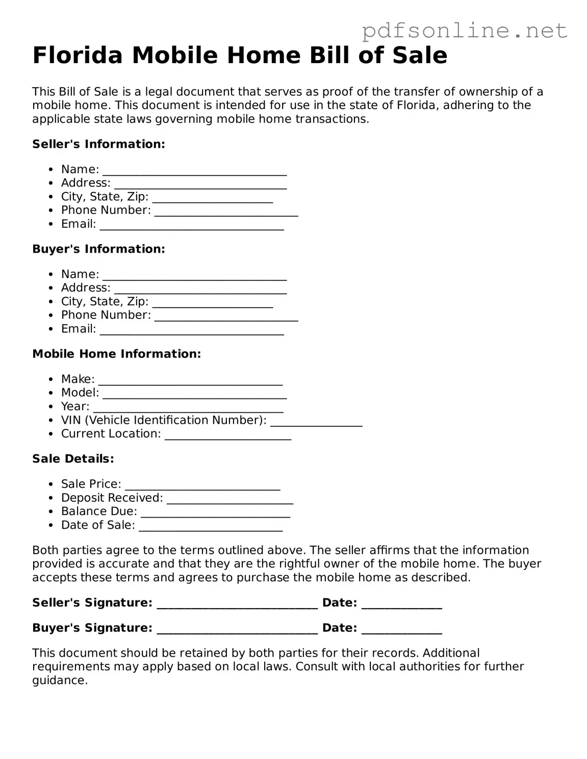 Legal Mobile Home Bill of Sale Template for the State of Florida