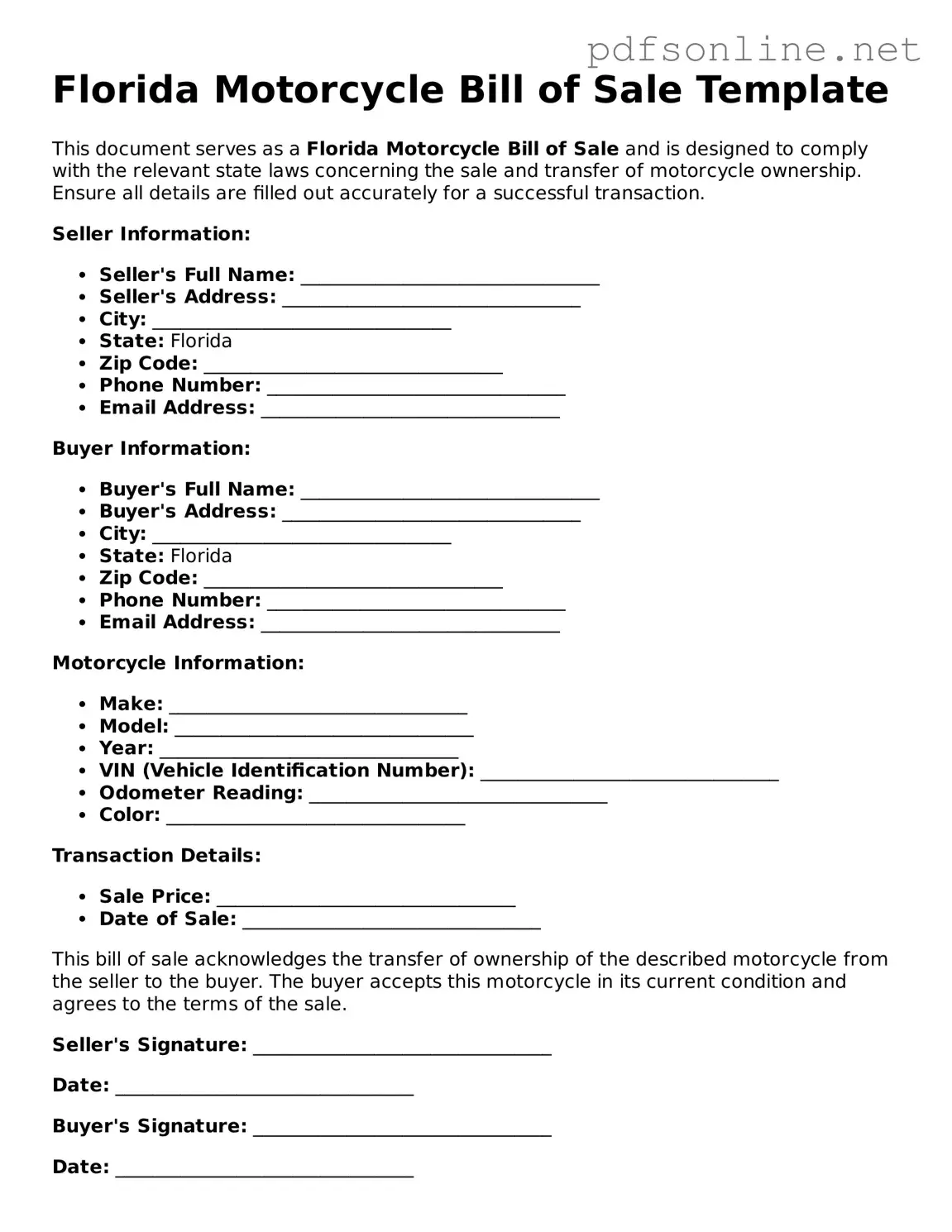 Legal Motorcycle Bill of Sale Template for the State of Florida