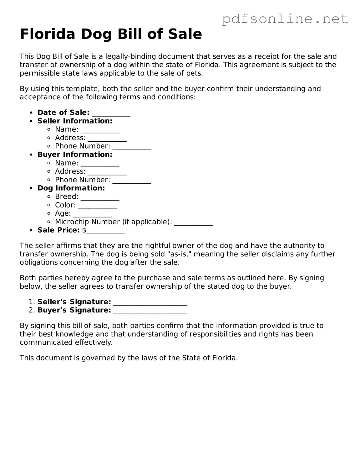 Legal Dog Bill of Sale Template for the State of Florida