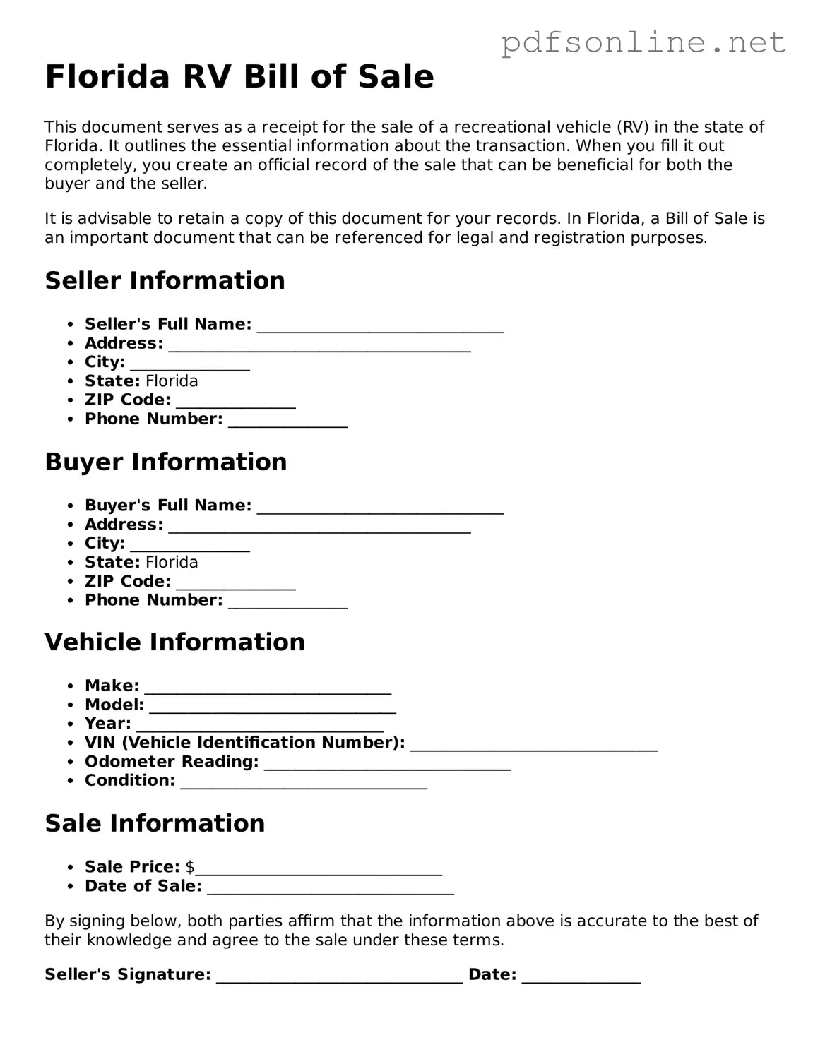 Legal RV Bill of Sale Template for the State of Florida