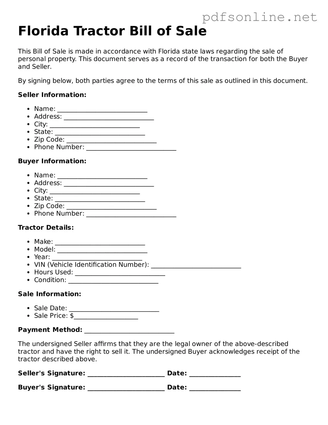 Legal Tractor Bill of Sale Template for the State of Florida