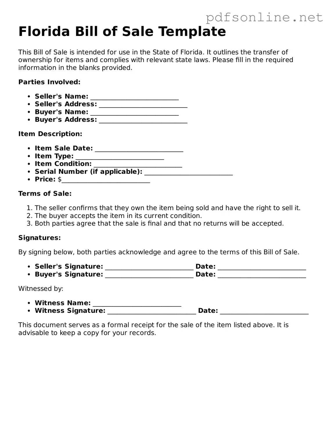 Legal Bill of Sale Template for the State of Florida
