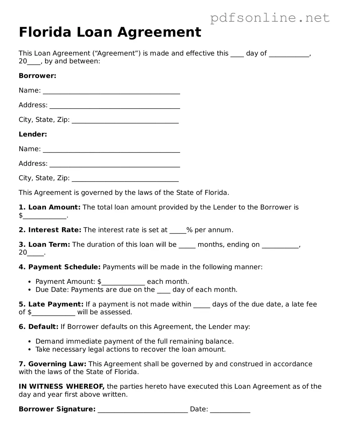 Legal Loan Agreement Template for the State of Florida