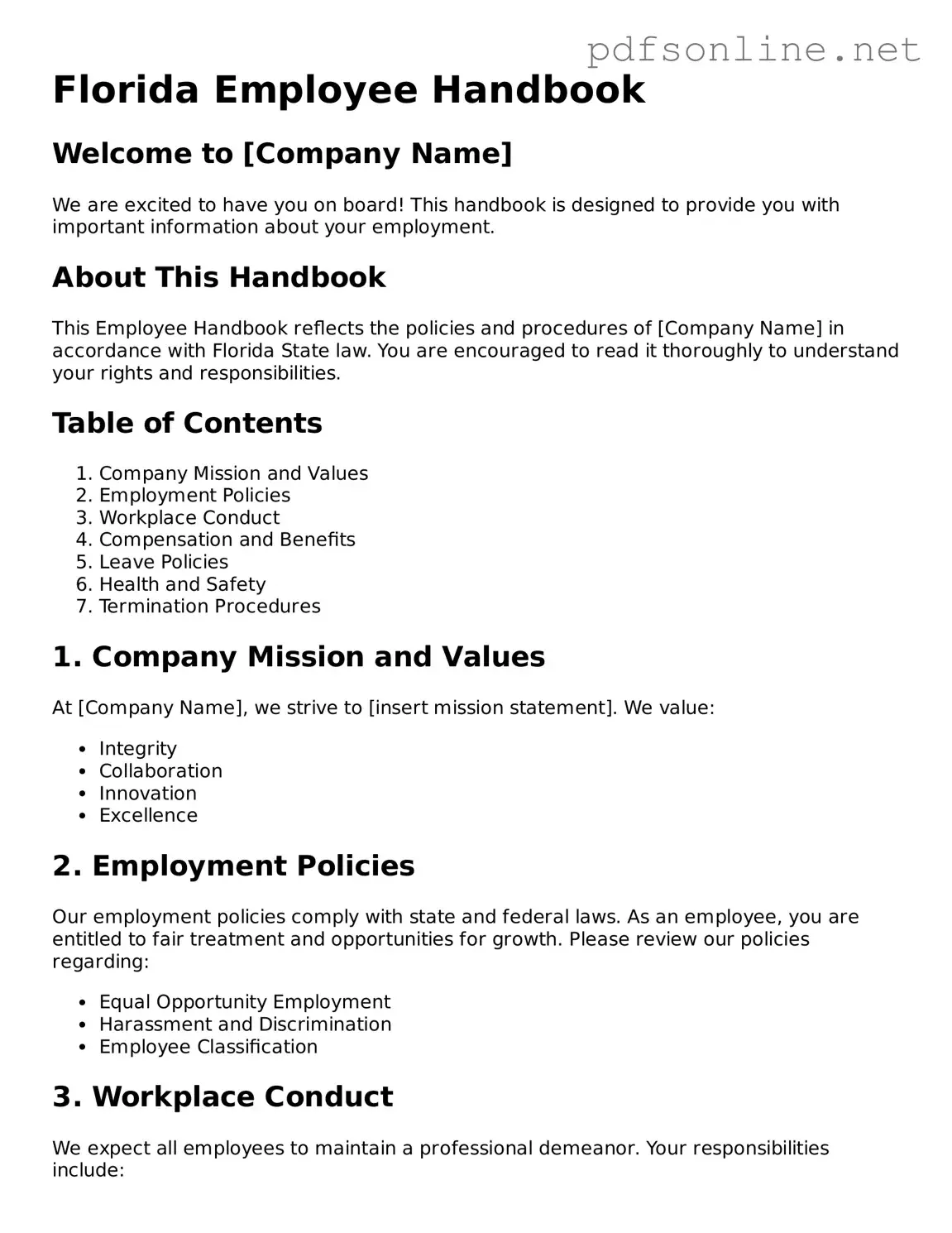 Legal Employee Handbook Template for the State of Florida