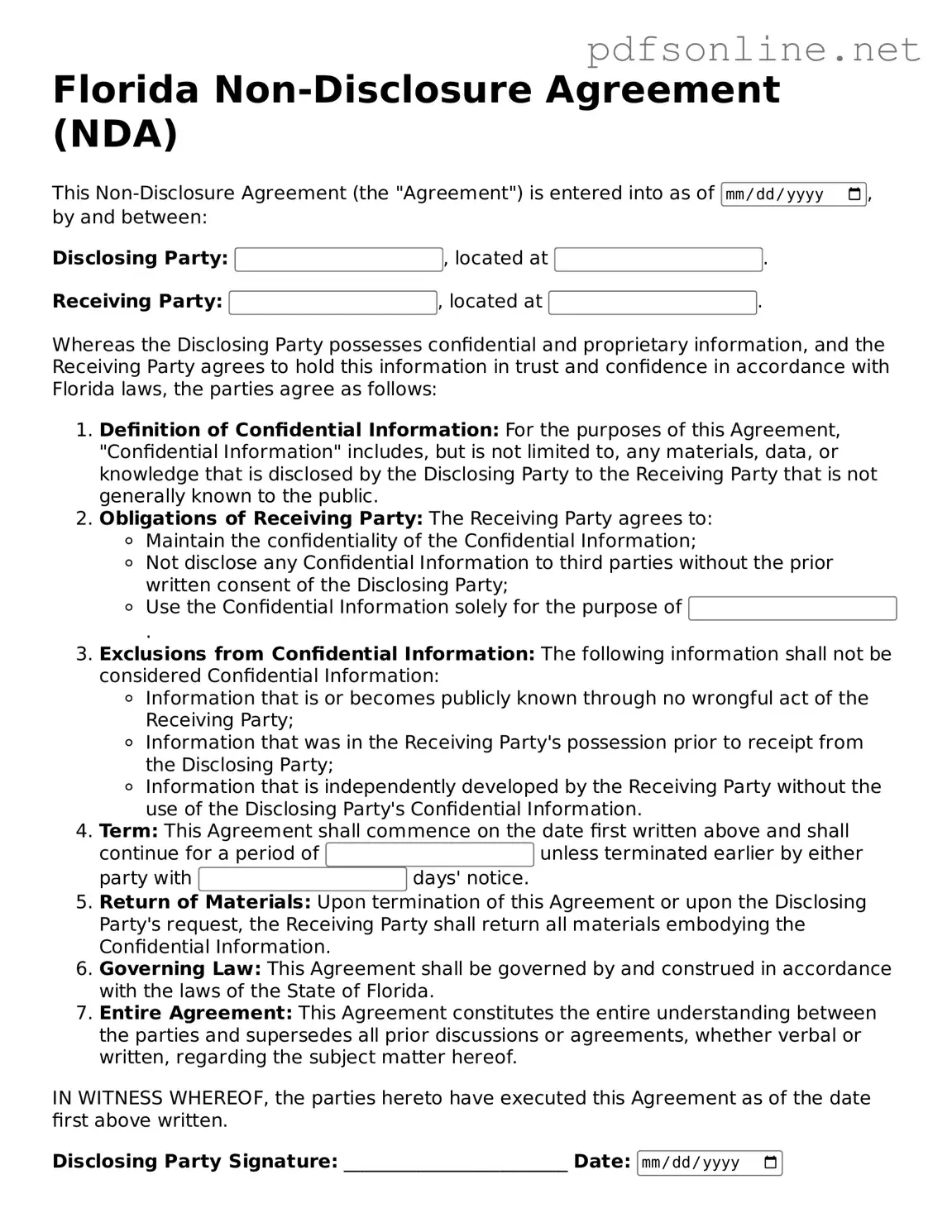 Legal Non-disclosure Agreement Template for the State of Florida