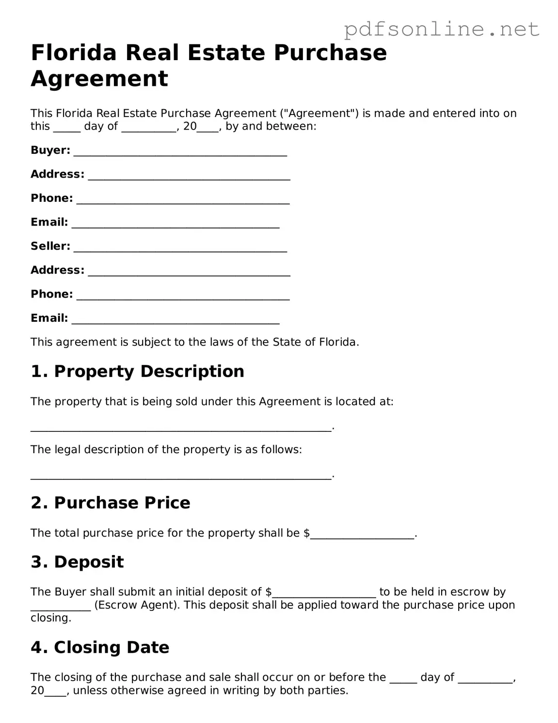 Legal Real Estate Purchase Agreement Template for the State of Florida