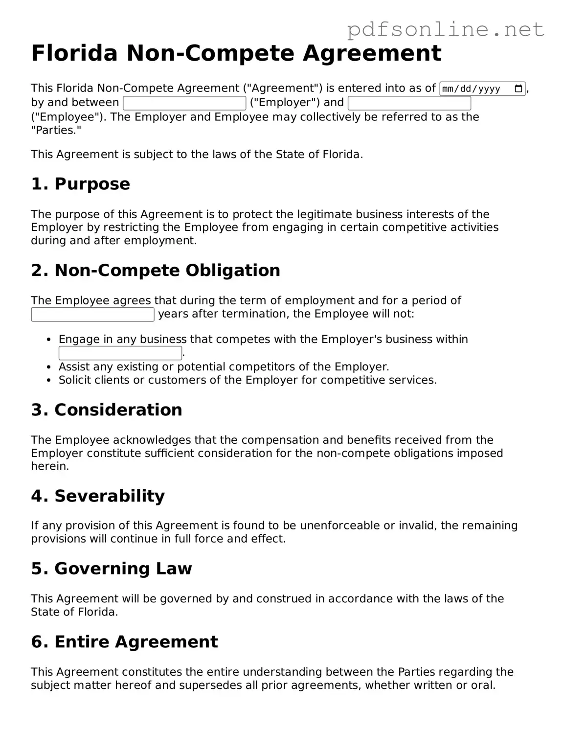 Legal Non-compete Agreement Template for the State of Florida