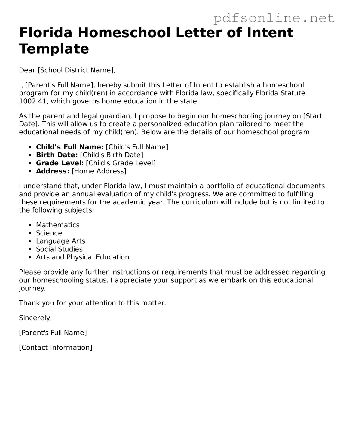 Legal Homeschool Letter of Intent Template for the State of Florida