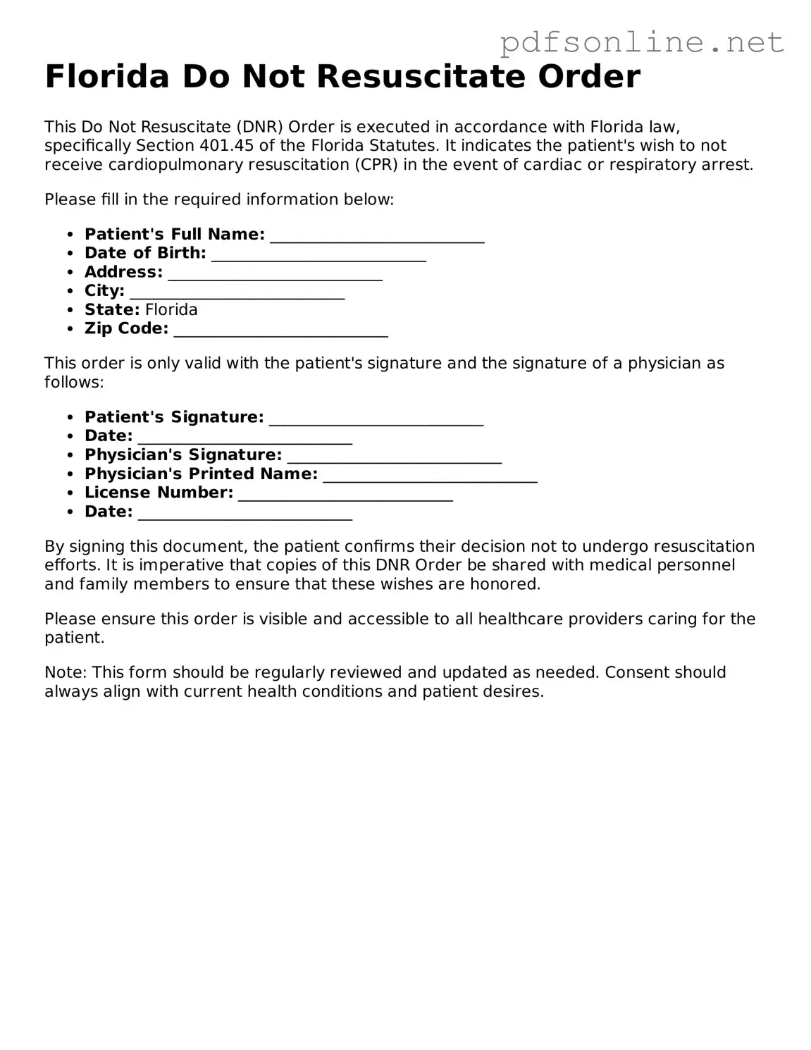 Legal Do Not Resuscitate Order Template for the State of Florida