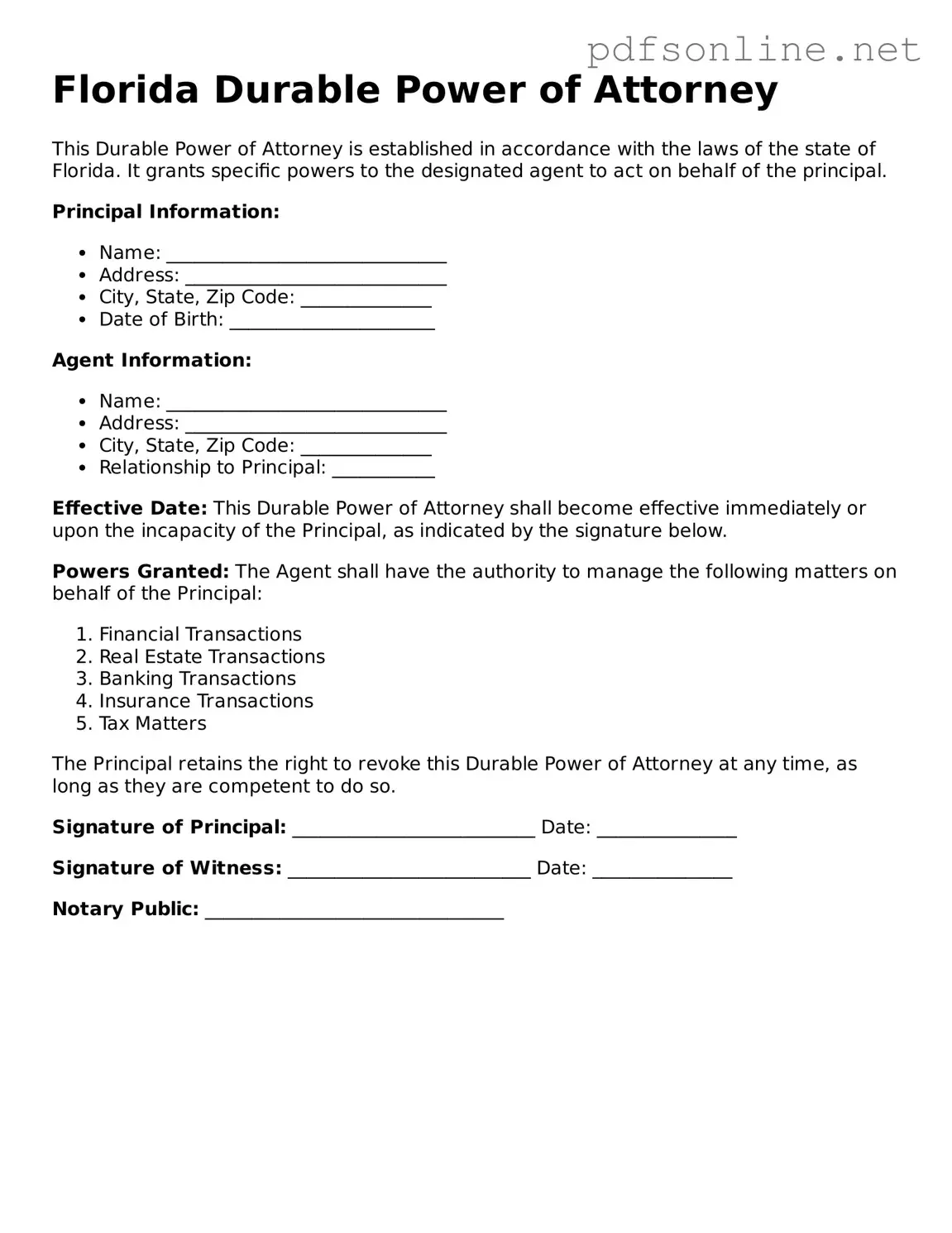 Legal Durable Power of Attorney Template for the State of Florida