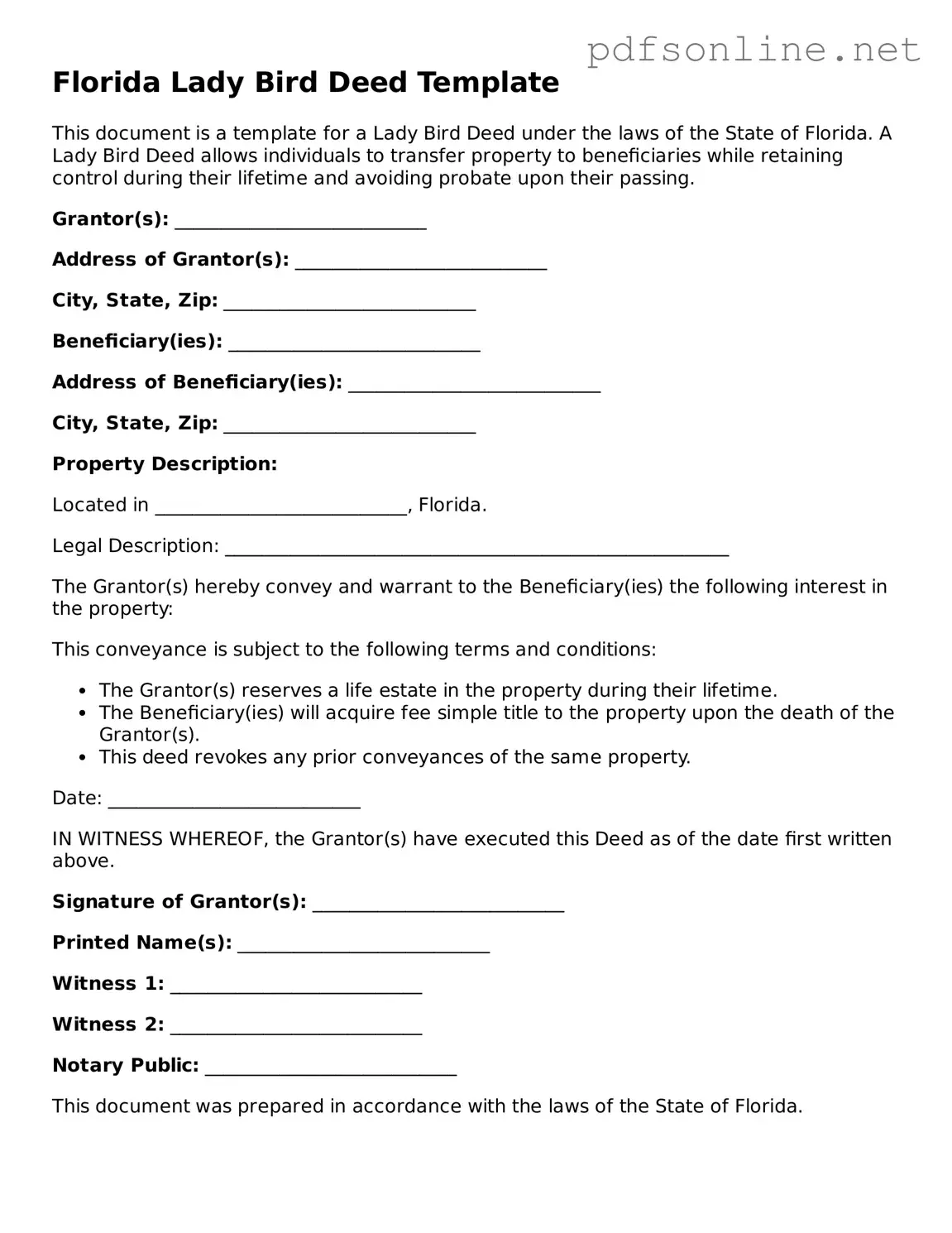 Legal Lady Bird Deed Template for the State of Florida