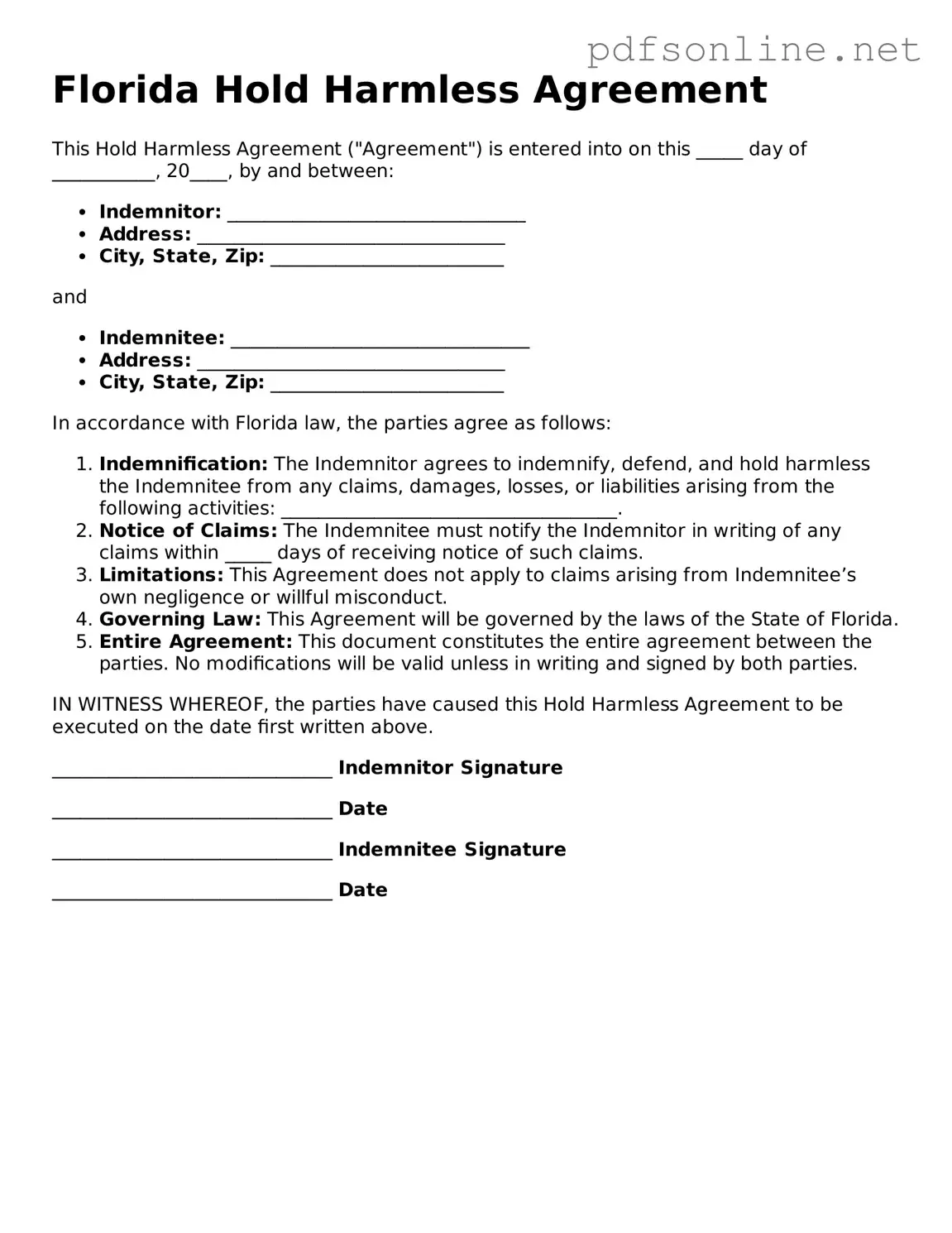Legal Hold Harmless Agreement Template for the State of Florida