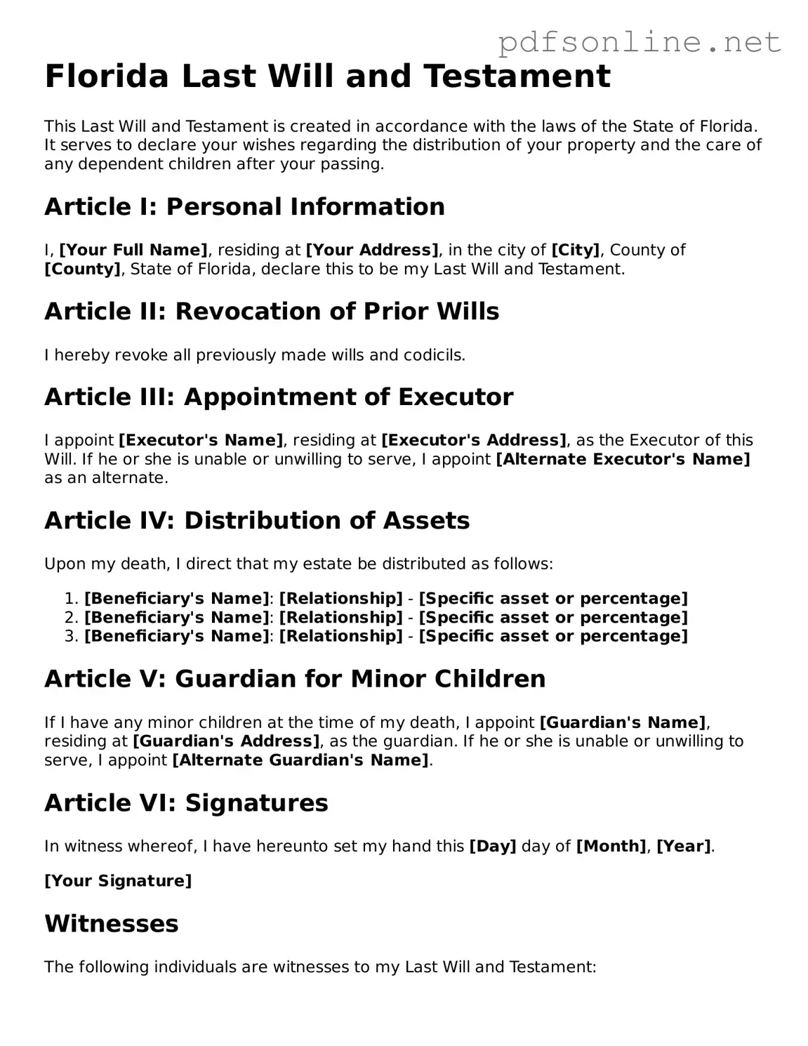 Legal Last Will and Testament Template for the State of Florida