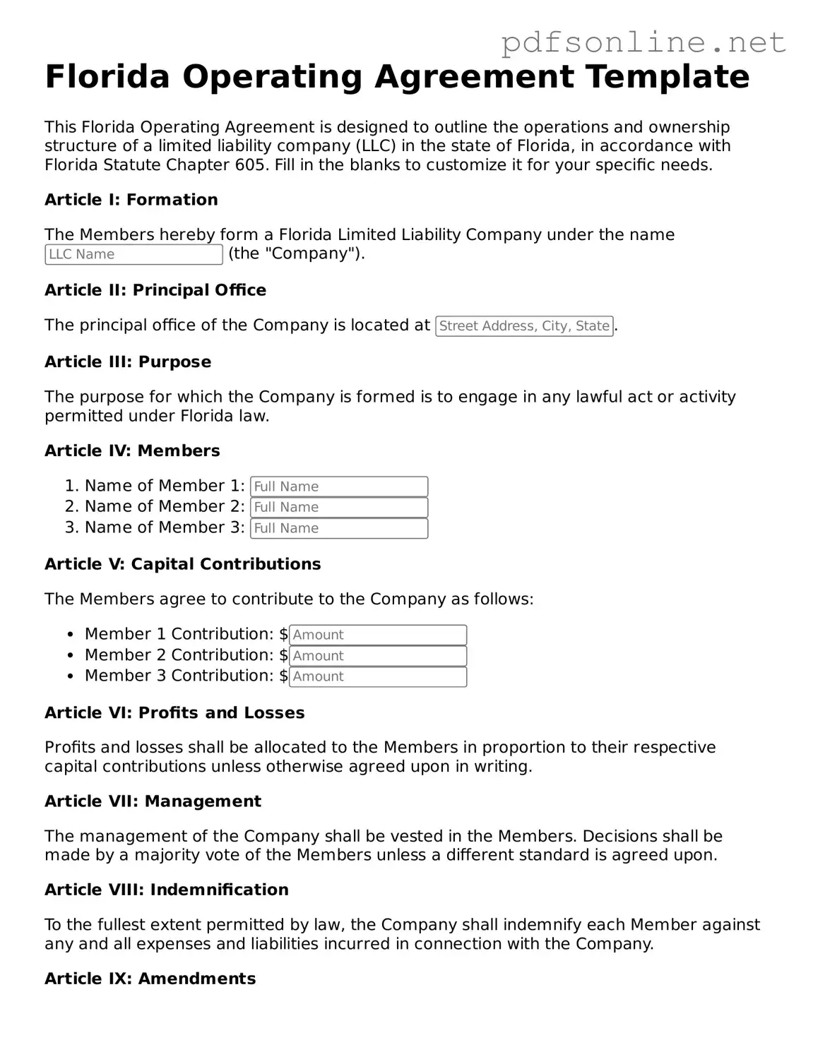 Legal Operating Agreement Template for the State of Florida
