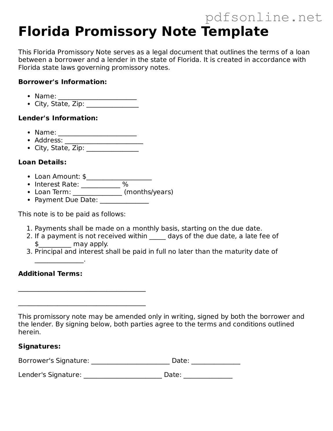 Legal Promissory Note Template for the State of Florida