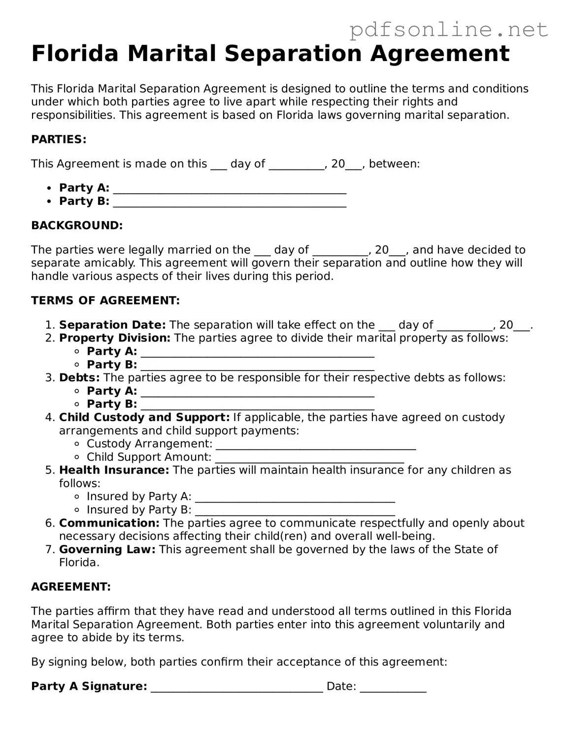 Legal Marital Separation Agreement Template for the State of Florida