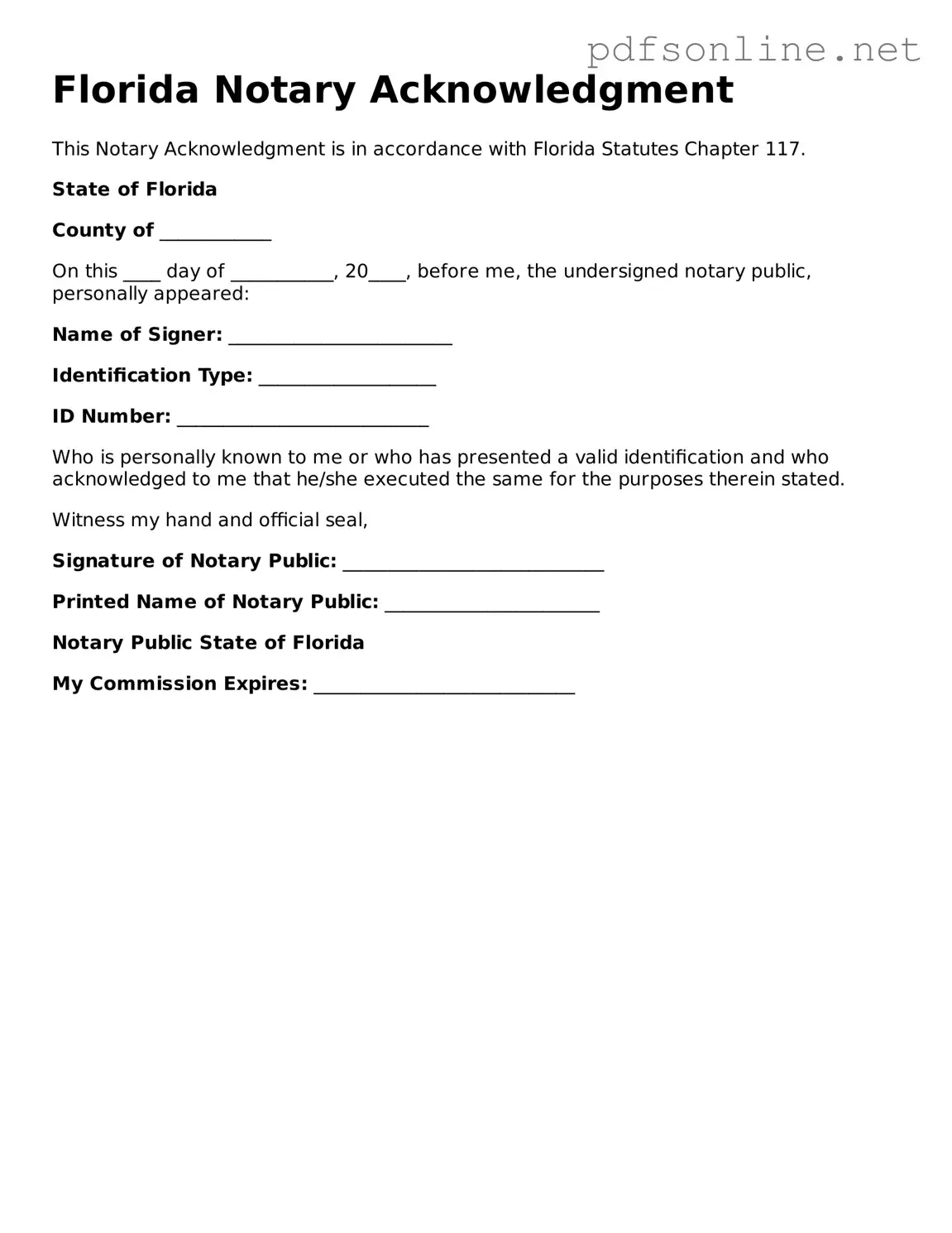 Legal Notary Acknowledgement Template for the State of Florida