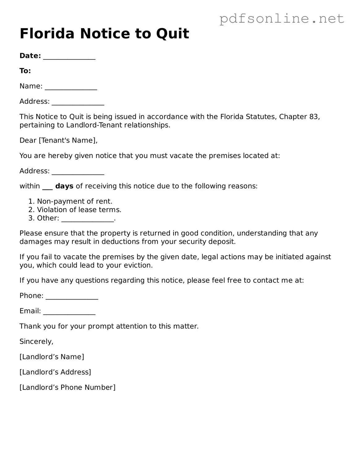 Legal Notice to Quit Template for the State of Florida