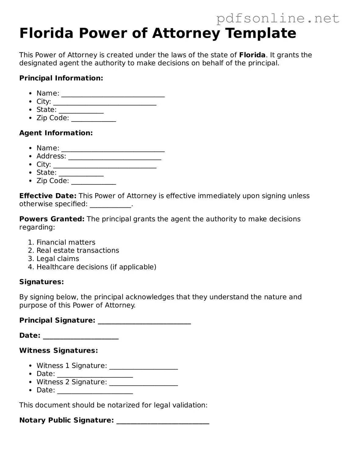Legal Power of Attorney Template for the State of Florida